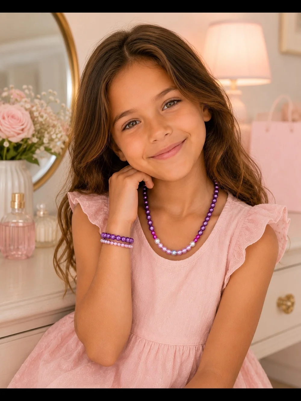 Handmade Kids Pink & Purple Beaded Jewelry Set | Necklace & 2 Bracelets | Child